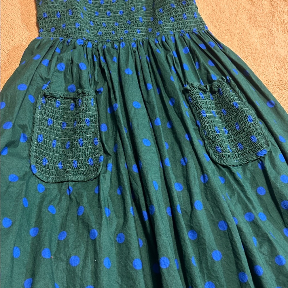 Women's Green Midi Dress with Blue Polka Dots